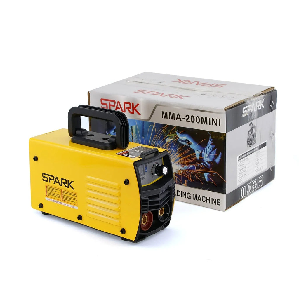 MMA-200MIN compact blue and black inverter welding machine with attached cables, face shield, and brush on a workbench.