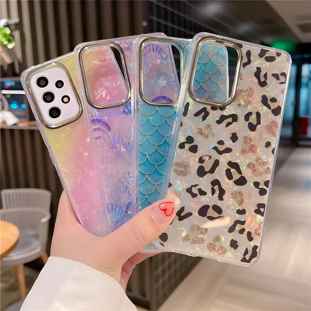 Kauri watercolor marble rainbow fish scale Samsung phone case with non-slip TPU, style options A-E.