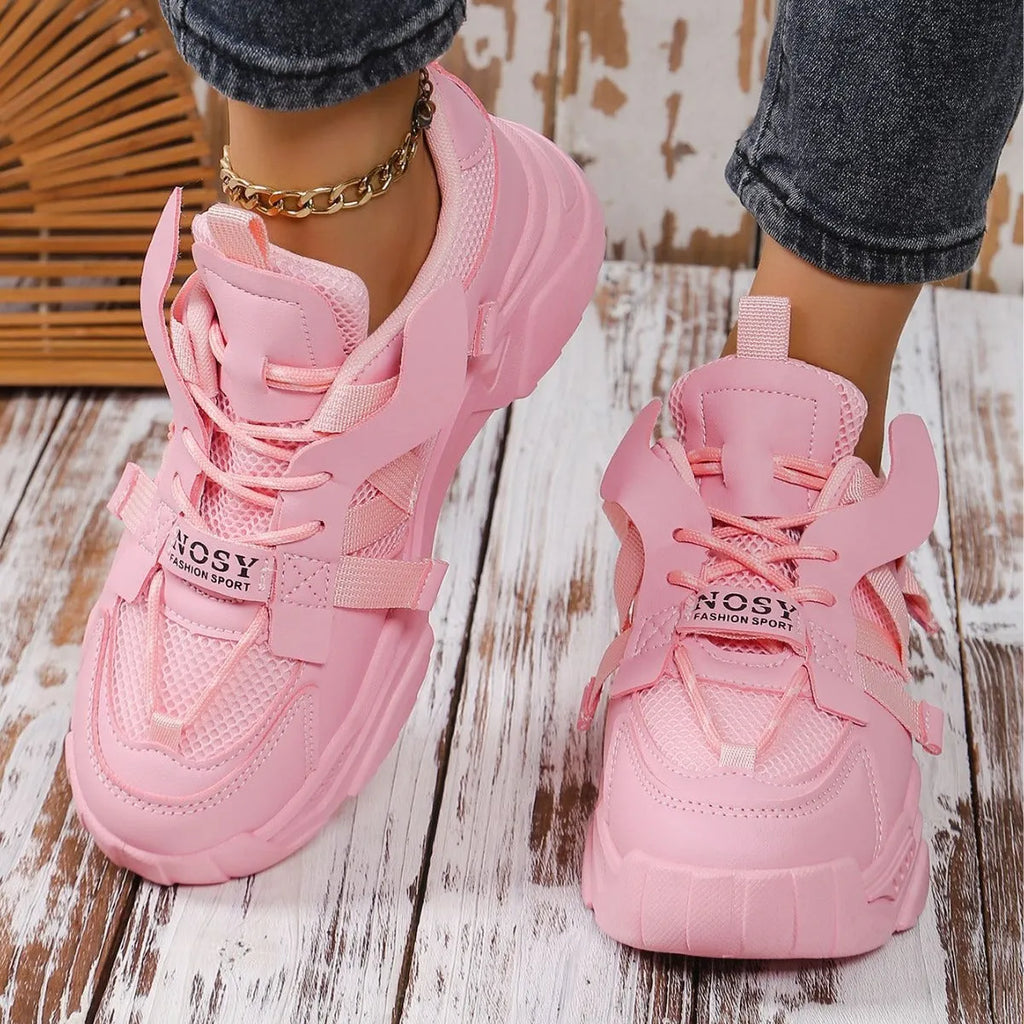 Women's purple platform mesh sports shoes with animal pattern design and lace-up front closure