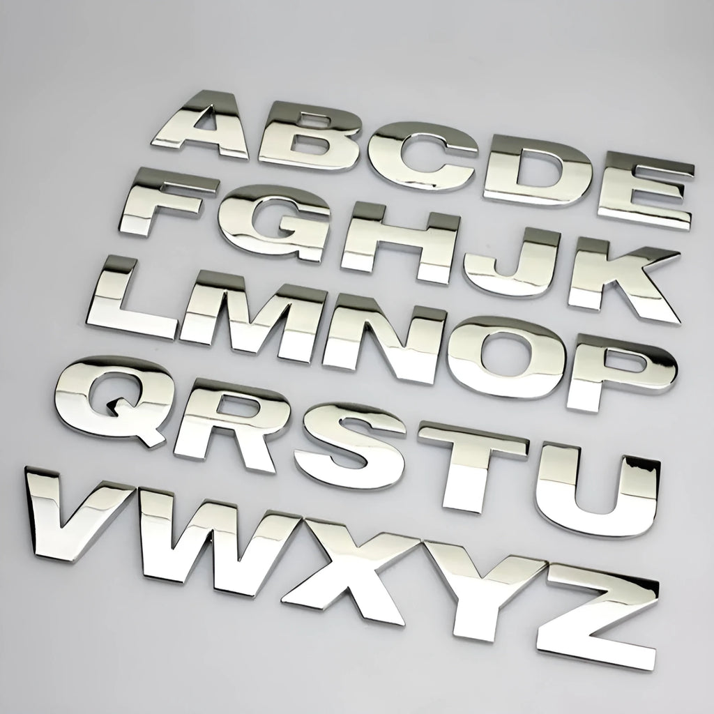 Metal 3D car bumper sticker with raised English letter on vehicle surface