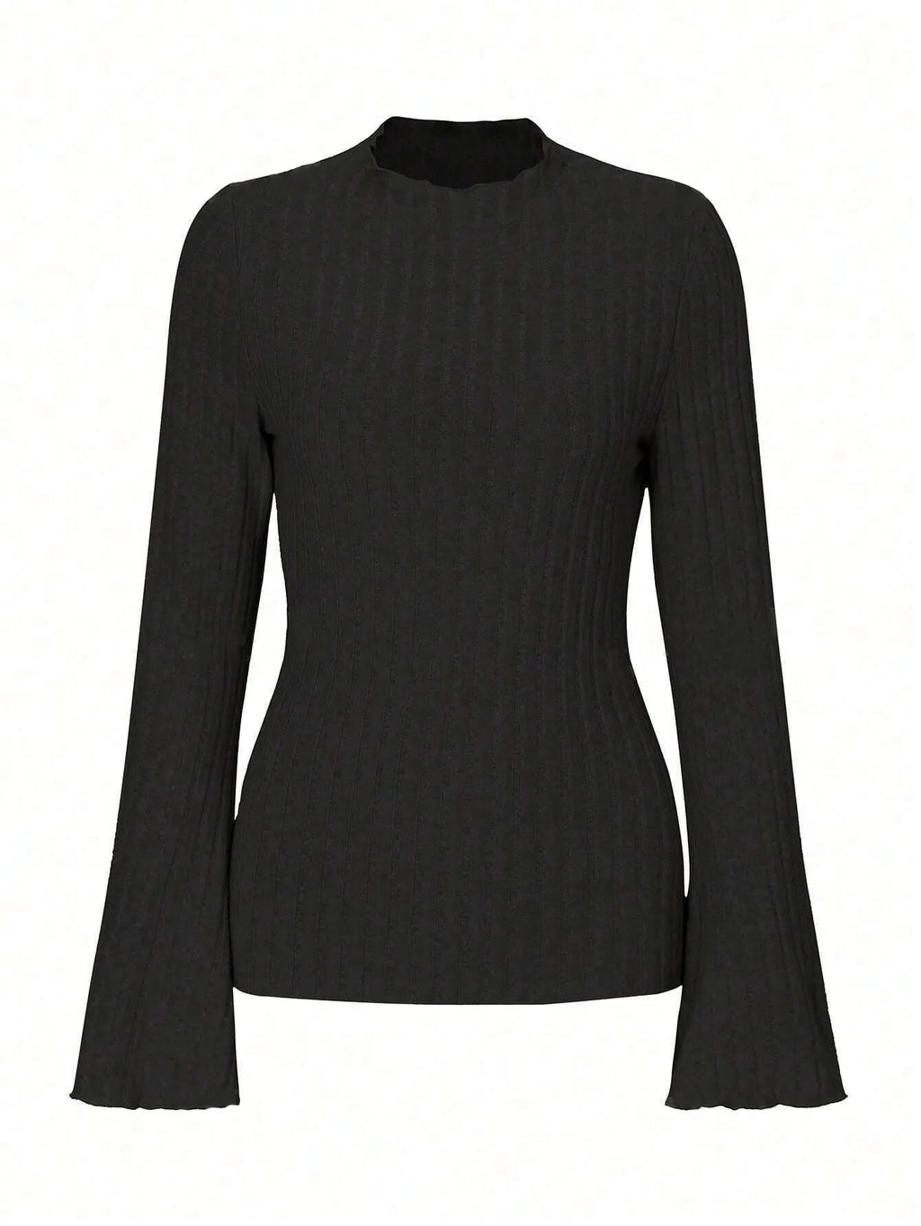 Long sleeve casual top in black with lantern sleeves and a sunken stripe pattern, laid flat.