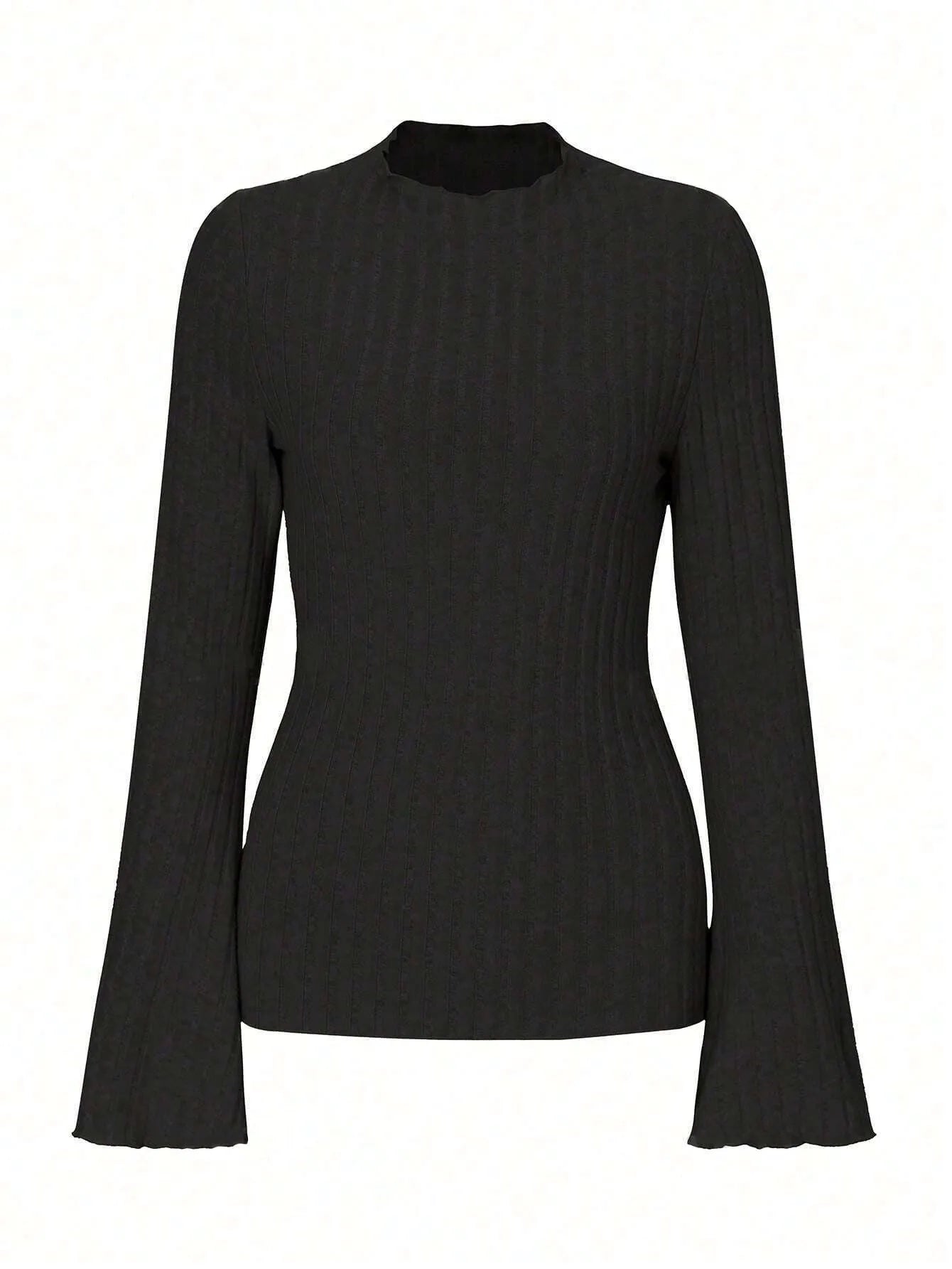 Long sleeve casual top in black with lantern sleeves and a sunken stripe pattern, laid flat.