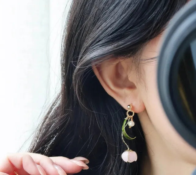 Handmade lily winding resin ear studs, 4.5cm floral drop earrings, colour as shown