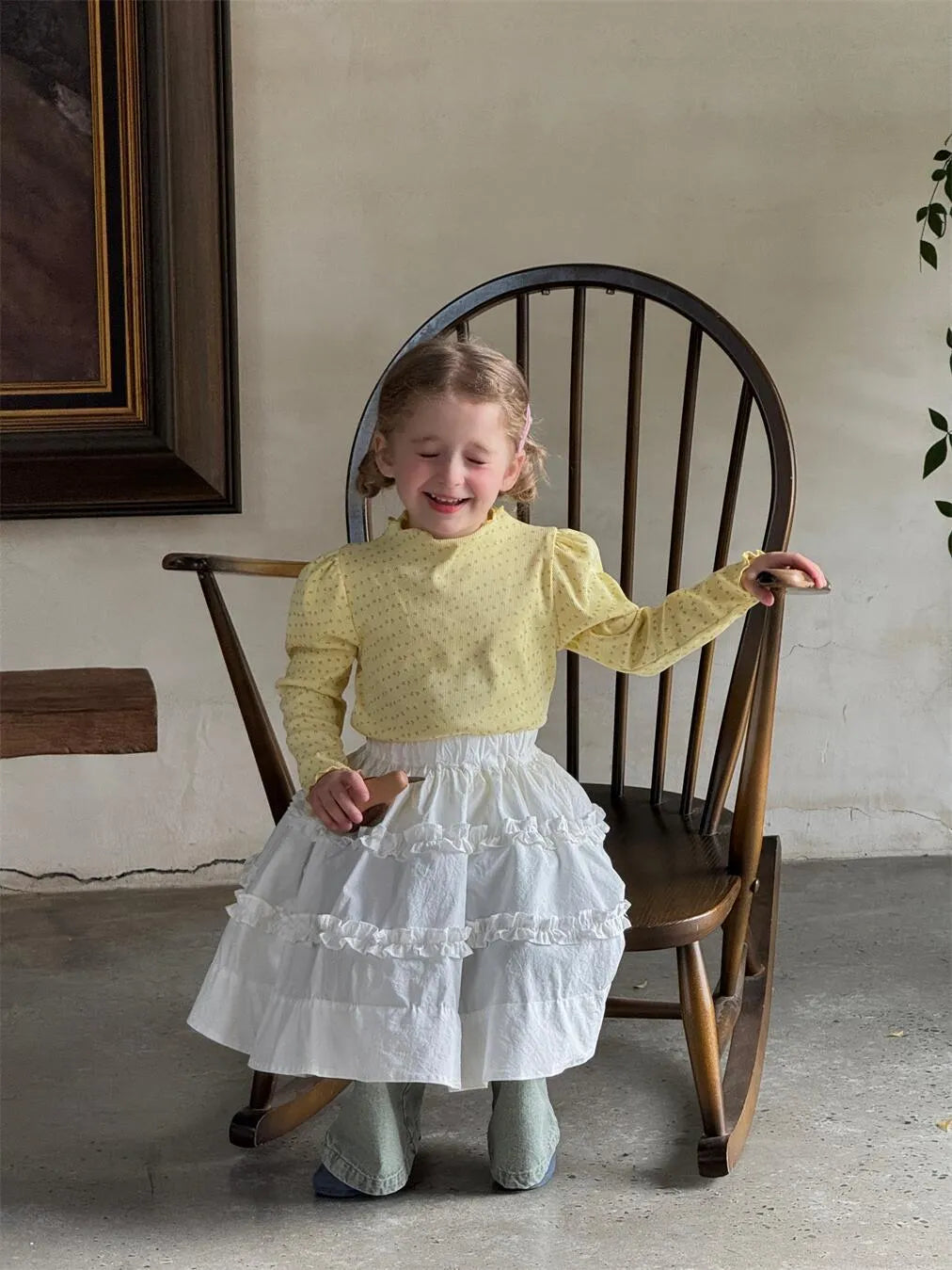 Girls' yellow cotton floral knitted pullover with wooden ear detail and bubble sleeves, long sleeve top