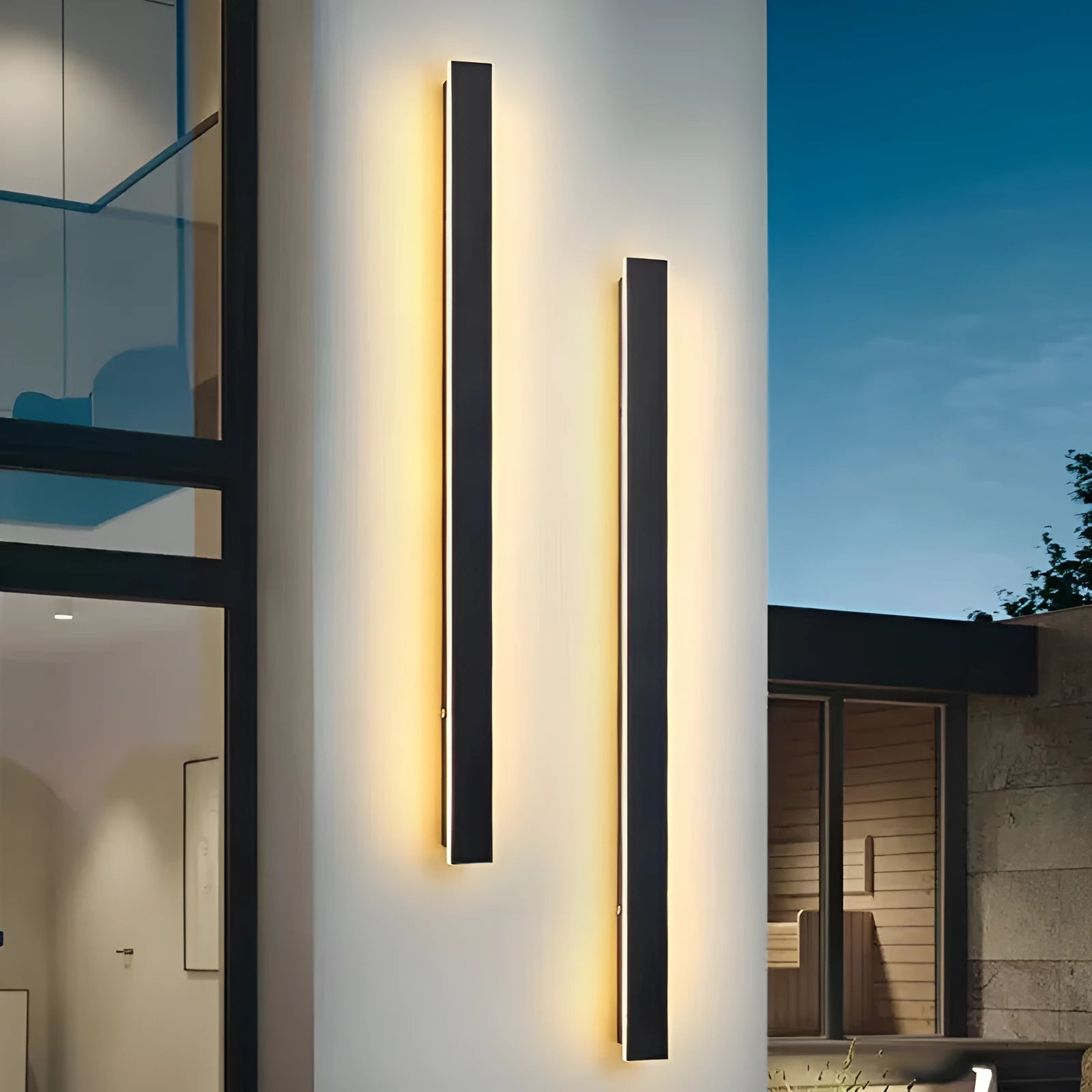 Linear outdoor wall lamp with IP65 waterproof rating and remote control for three light colours.