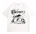 Men's hip hop print retro T-shirt on hanger, showing graphic design and polyester fabric.