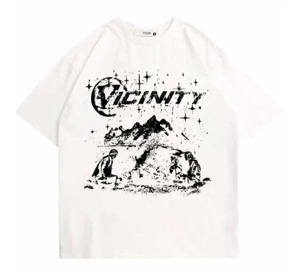 Men's hip hop print retro T-shirt on hanger, showing graphic design and polyester fabric.