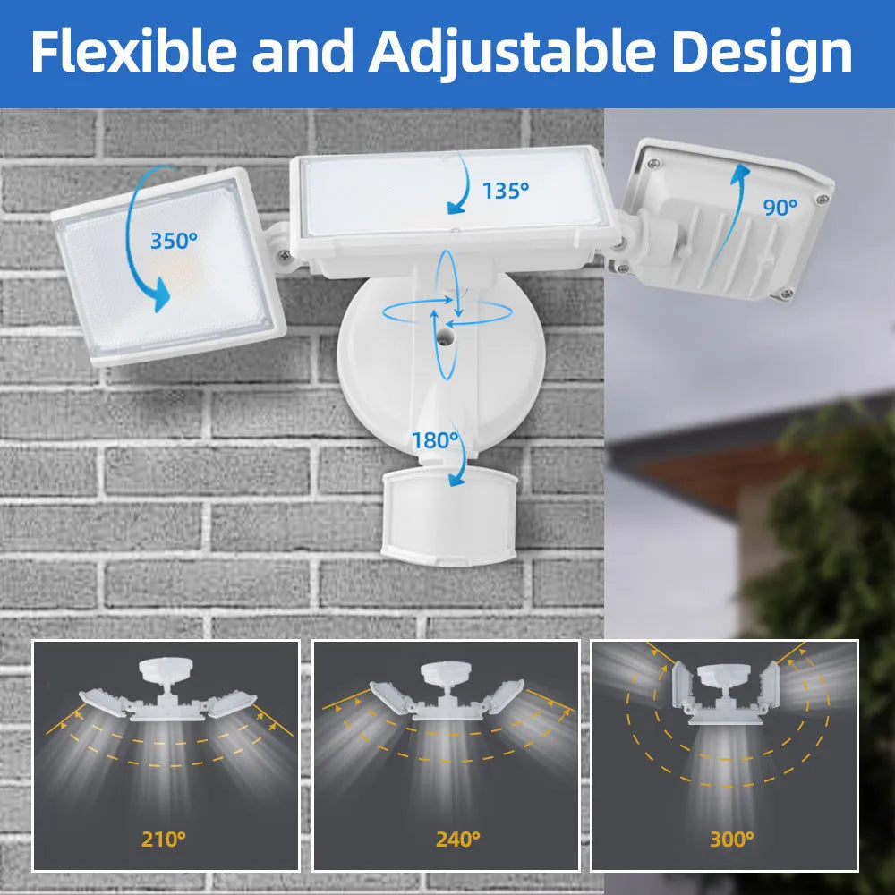 White 120V LED motion-activated security flood light with PIR sensor mounted on an exterior wall.