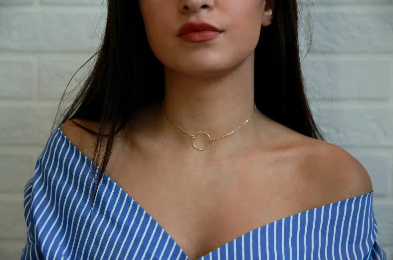 Alloy ring necklace single layer chain in gold or silver with 10cm extension, 21cm to 50cm circumference