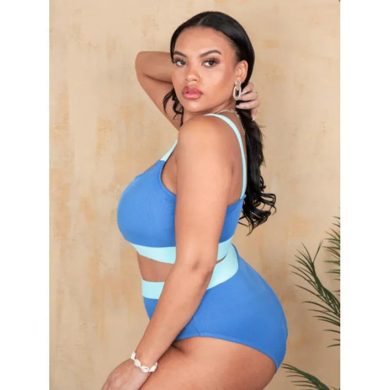 Women's solid colour high-waist bikini swimsuit set in polyester fabric on a mannequin.