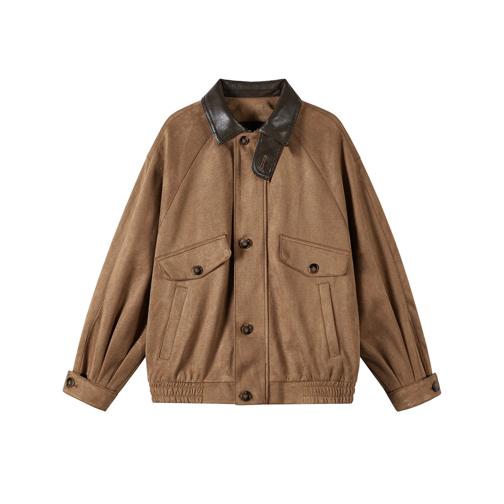 Men's retro suede-stitching polo collar jacket in black or brown, long sleeve, sizes M to 3XL