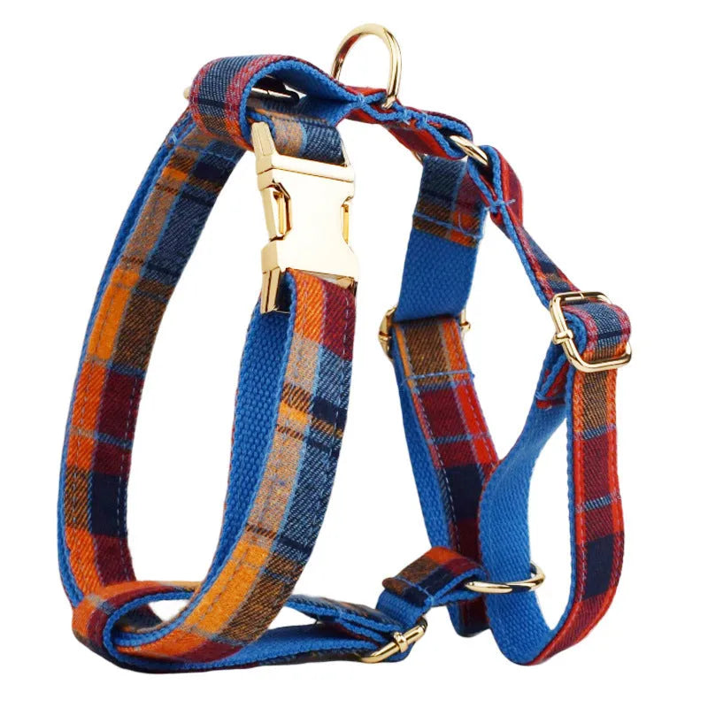 Dog wearing four-piece gentleman fashion set with collar, leash, bow tie and vest in cloth material