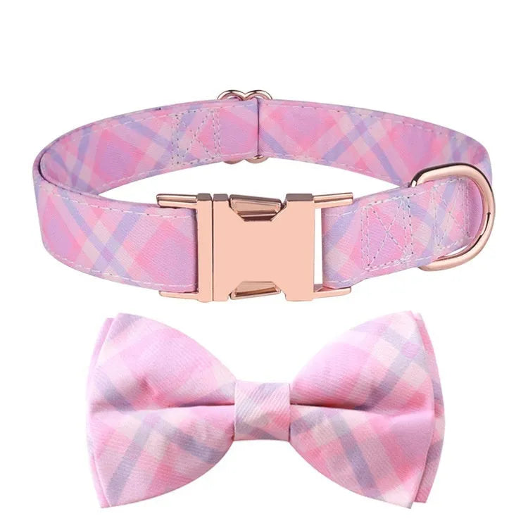 Polyester pet collar with decorative bow and rose gold buckle in multiple colour patterns