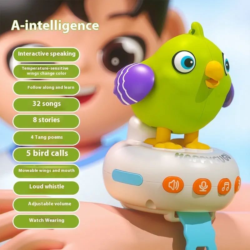AI voice-activated induction children's toy watch in green or yellow parrot design with ABS body and lithium battery
