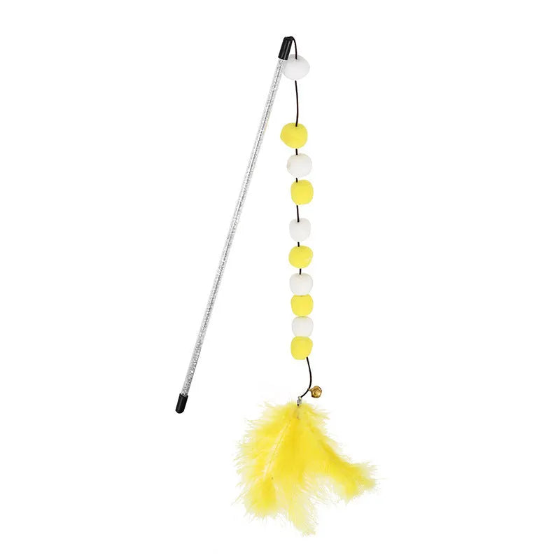 31cm cat teaser interactive toy rod with bell and pompon feather attachments in four colour options