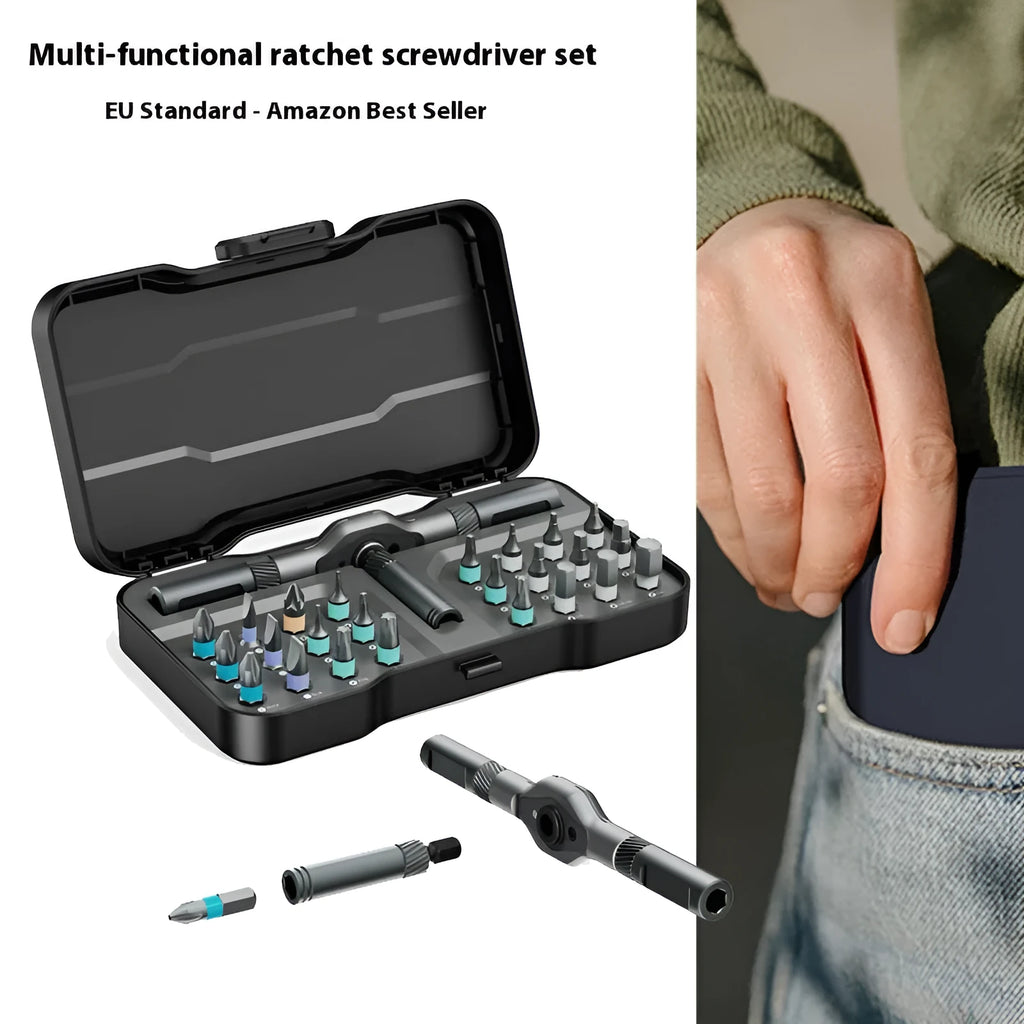 24-in-one ratchet screwdriver set with magnetic bits, stainless steel handle, and S2 CRV cutter heads for household and phone repairs