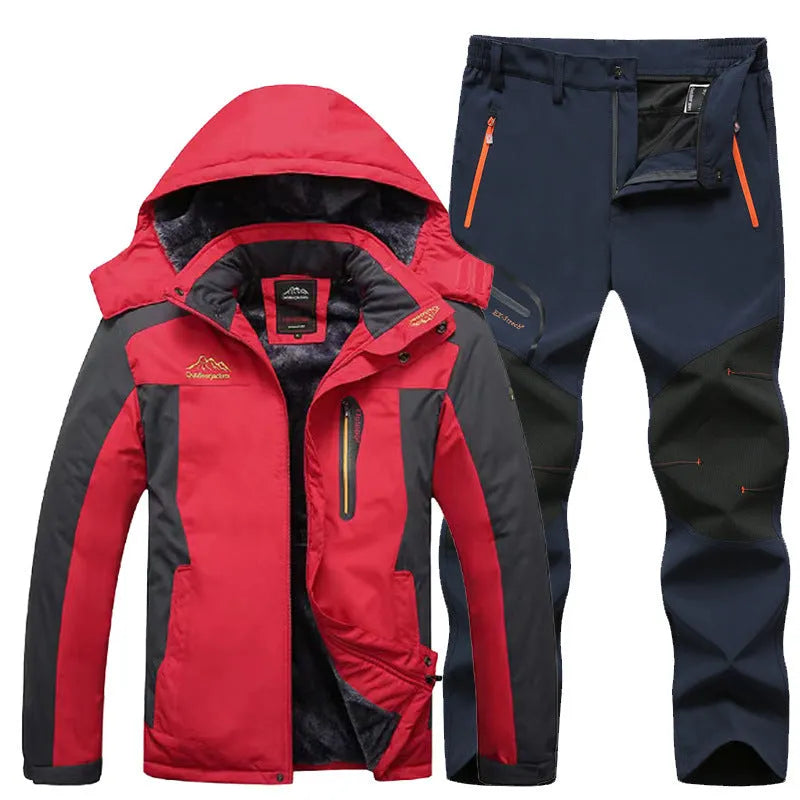 Men's windproof jacket and trousers set in army green, polyester fabric, with waterproof rating 5001-10000mm, for outdoor hiking and camping