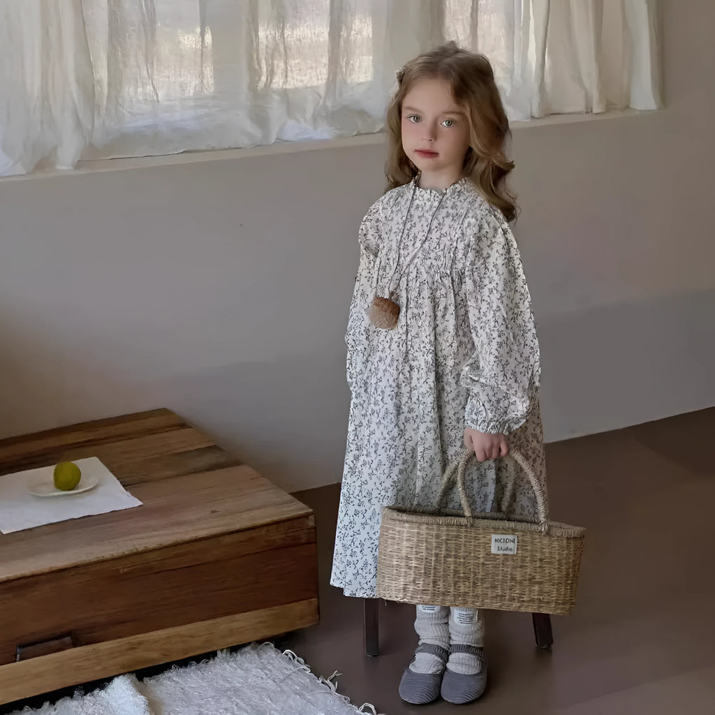 Girls long sleeve cotton dress with blue flower floral print, princess style, sizes 90cm to 140cm