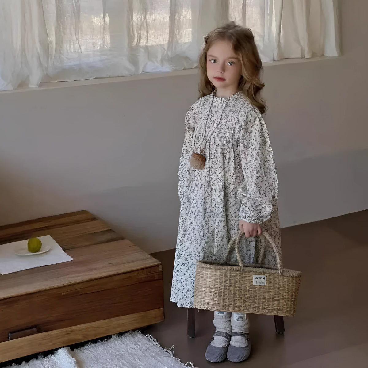 Girls long sleeve cotton dress with blue flower floral print, princess style, sizes 90cm to 140cm