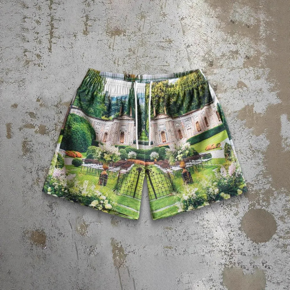 Men's loose fit beach shorts with digital print pattern in milk silk polyester fabric