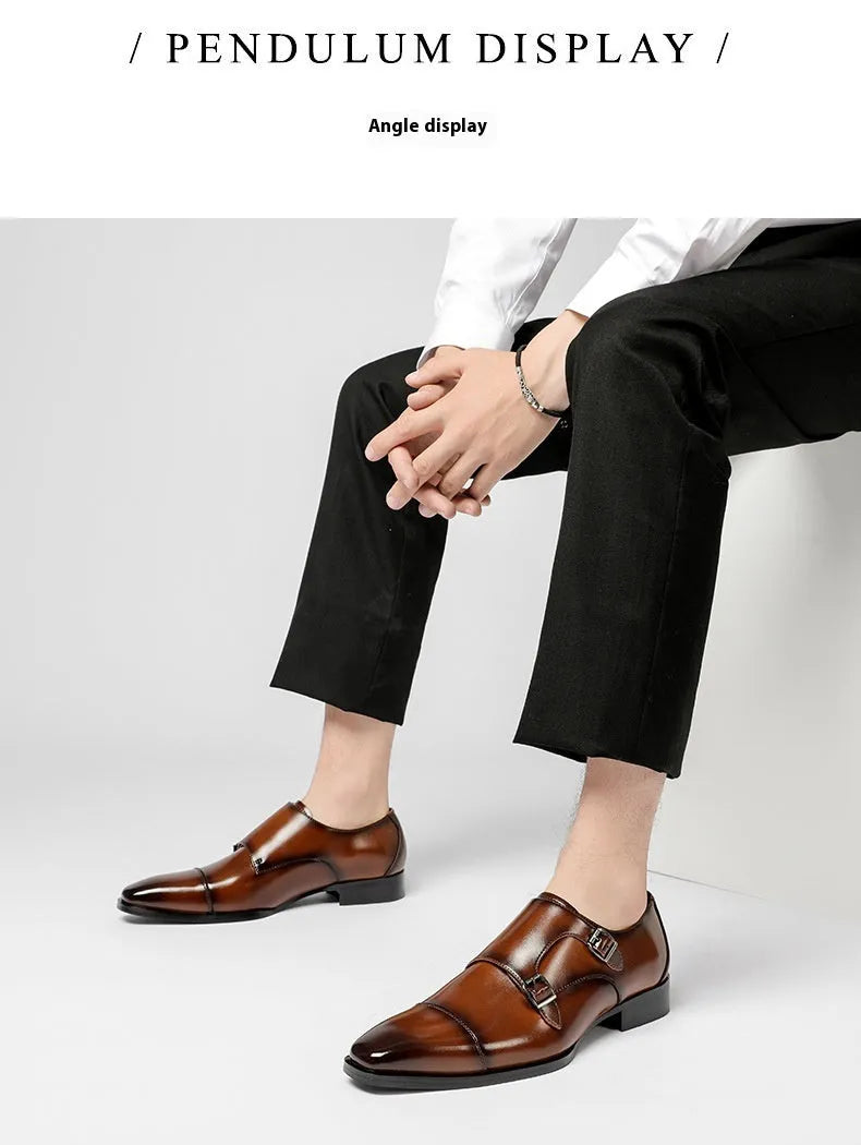 Men's black and light brown leather shoes with square toe design and rubber soles