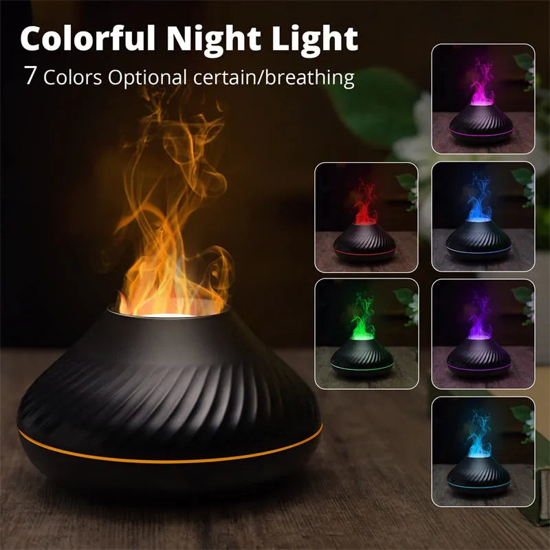Volcanic flame aroma diffuser with LED lights and mist output
