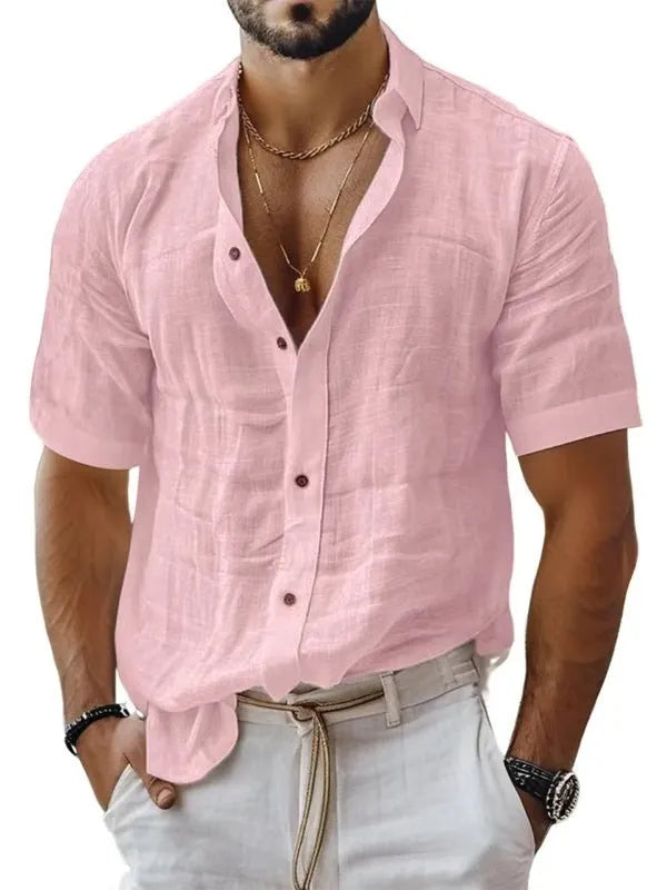 Men's short sleeve lapel shirt in polyester blend fabric showing cardigan style and lapel collar