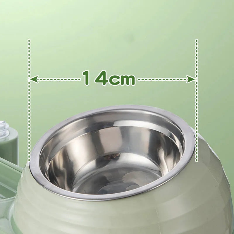 Brown elevated cat food bowl with attached water bottle dispenser on a white background.