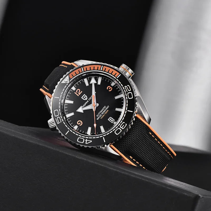 Rotatable bezel mechanical watch with 42mm dial, luminous hands, and nylon rubber strap.