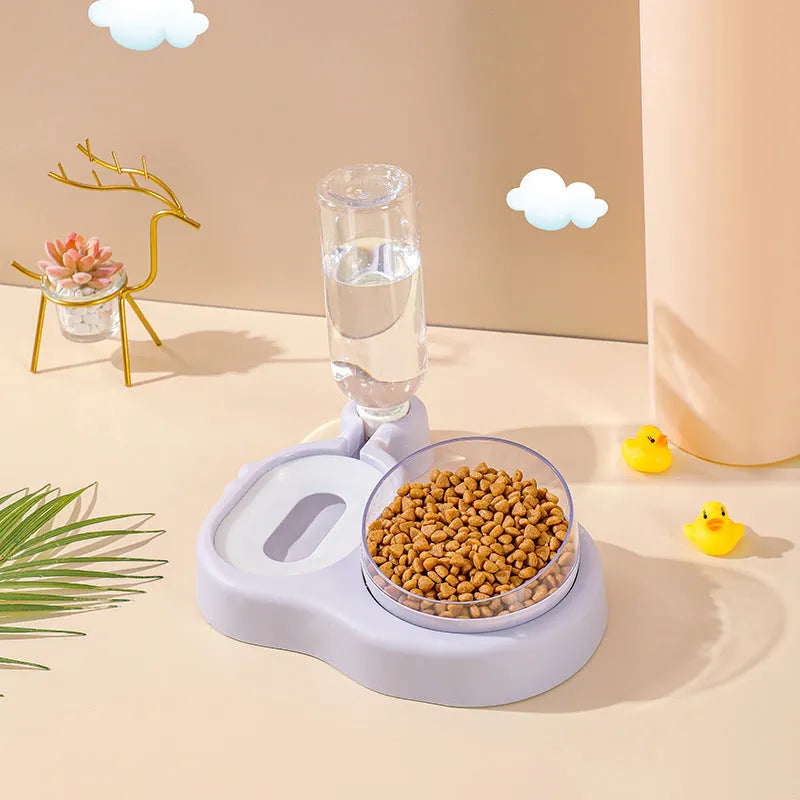 Double bowl automatic pet feeder with 360 degree rotation and tilt for cats in grey colour