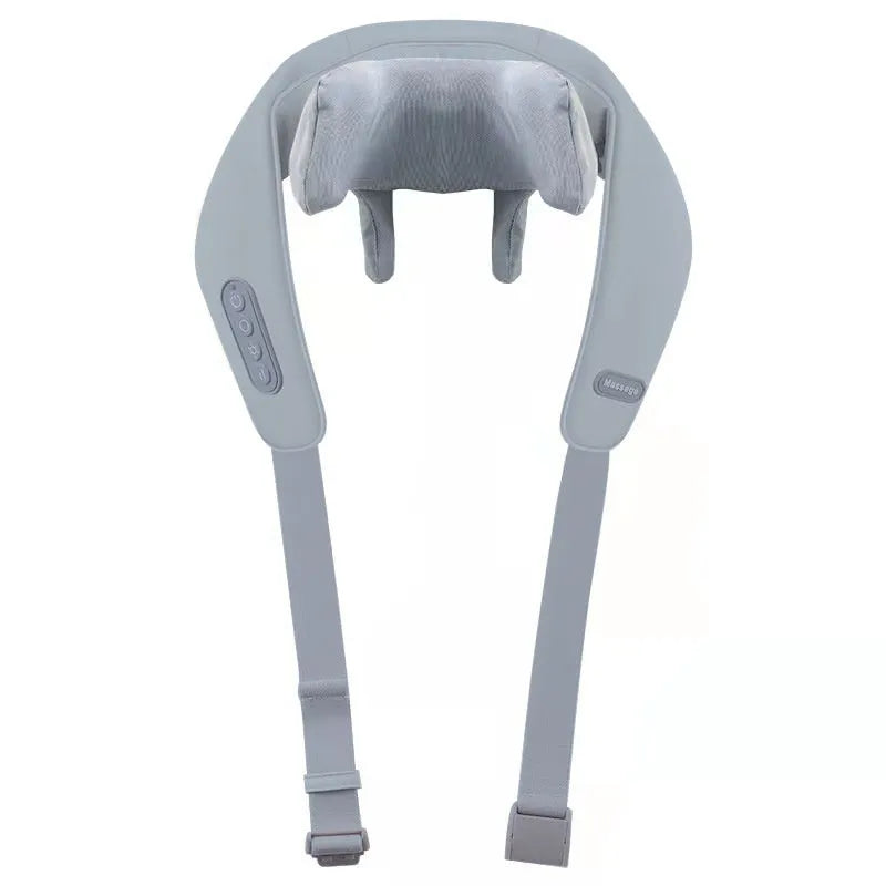 Grey elastic fabric USB rechargeable neck and back massager with infrared function.