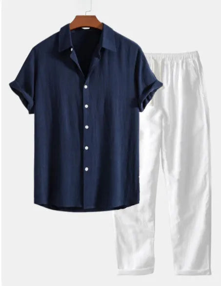 Casual loose-fitting short sleeve suit in a cotton linen blend for summer beachwear.