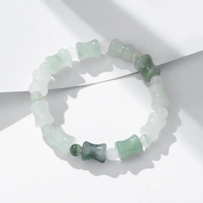 Natural chalcedony beaded bracelet with diamond-shaped jade stones and coconut shell beads on elastic string