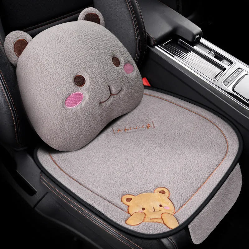 Trendy bear style car cushion three-piece set with square cushion and lumbar support in wool cotton winter filler