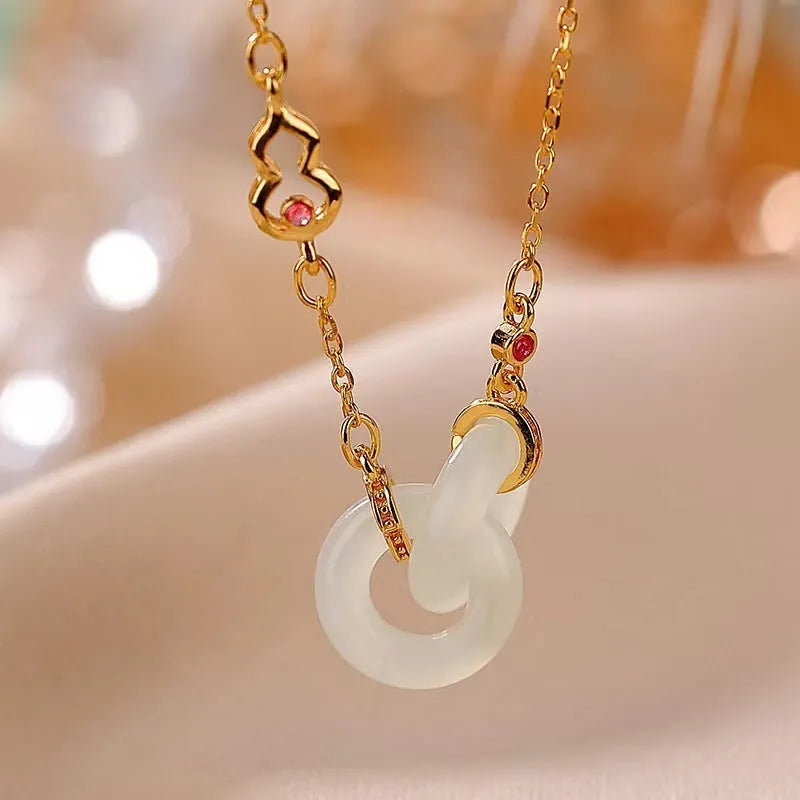 Gold-plated necklace with natural Hetian jade inlaid pendant on copper cross chain, white or grey jade, 41-50cm