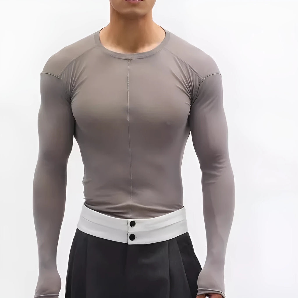 Black mesh see-through texture slim-fit long sleeve PU pullover on a hanger.
