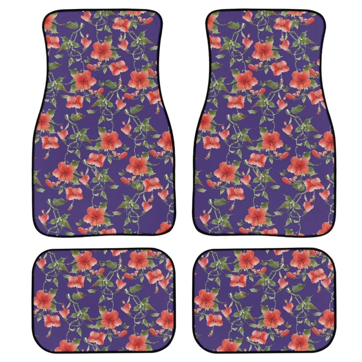 Black four-piece set of 20mm thick printed rubber car foot mats with textured surface.