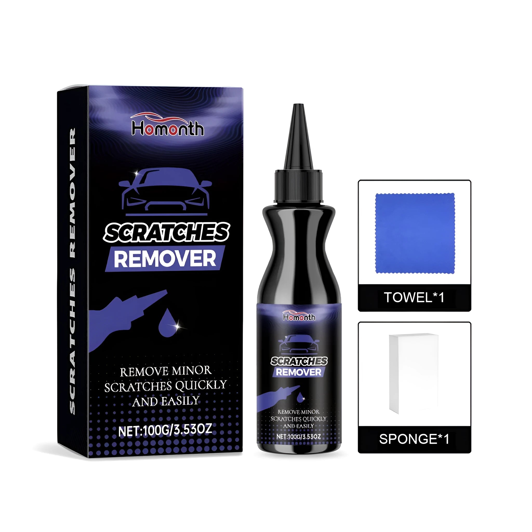 Car scratch repair kit showing 100g paste tube, application sponge, and microfiber towel for paint scratch removal