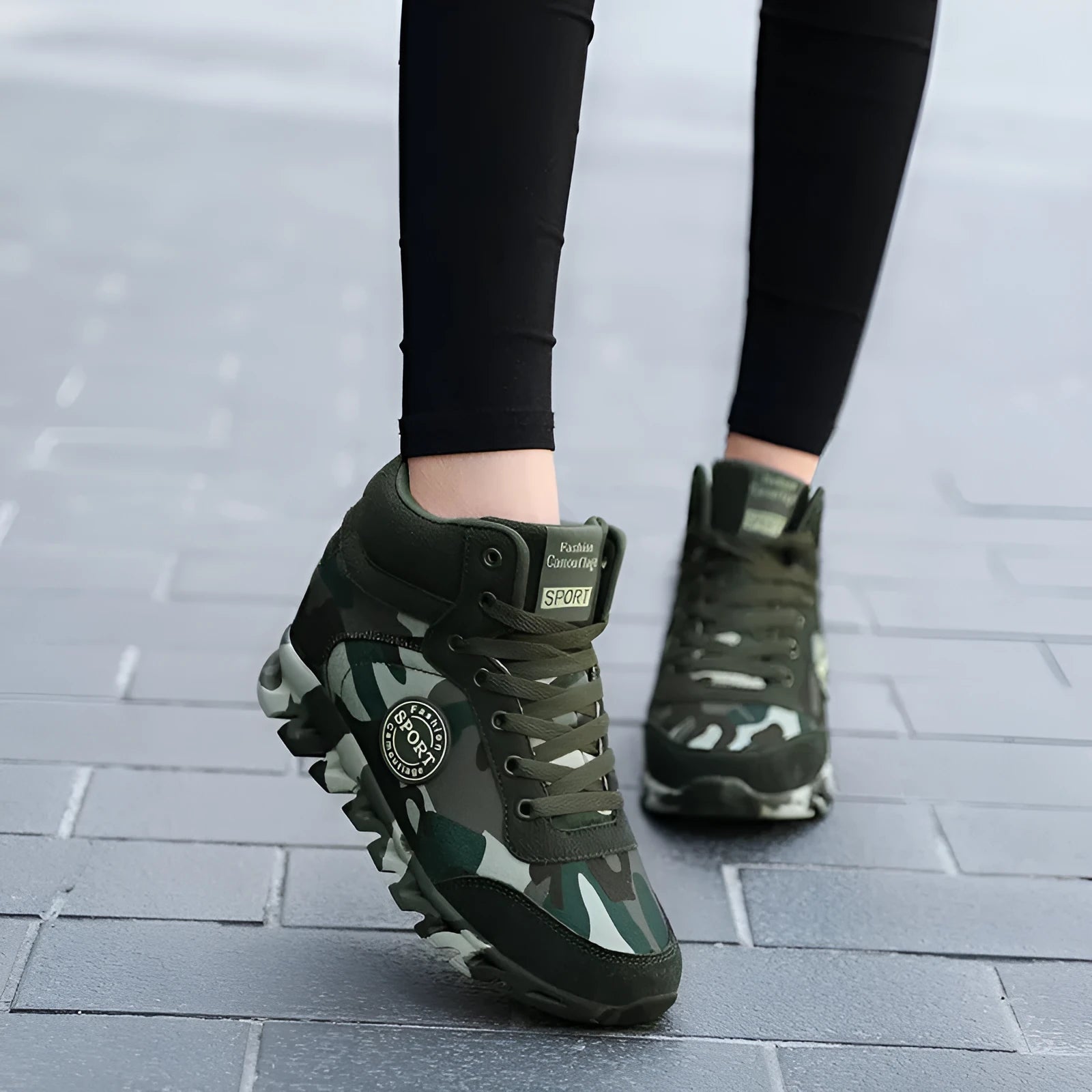 Green camouflage women's casual sneakers with canvas upper and rubber sole