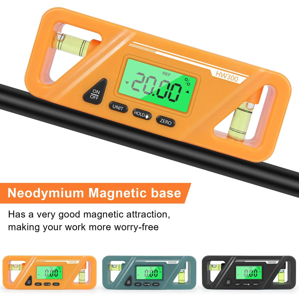 Digital inclinometer level meter with magnetic base showing angle measurement display