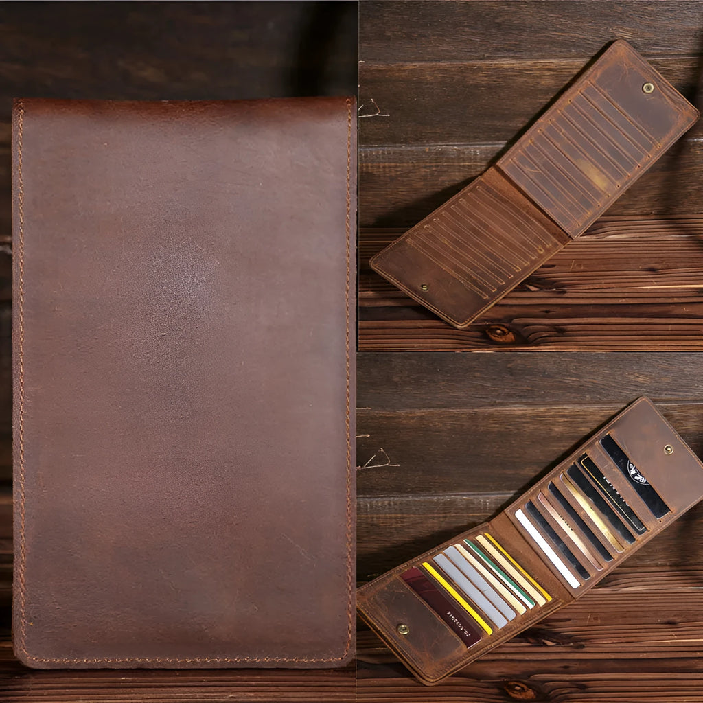 Men's long leather card wallet in crazy horse hide with 18 card slots and a phone compartment.