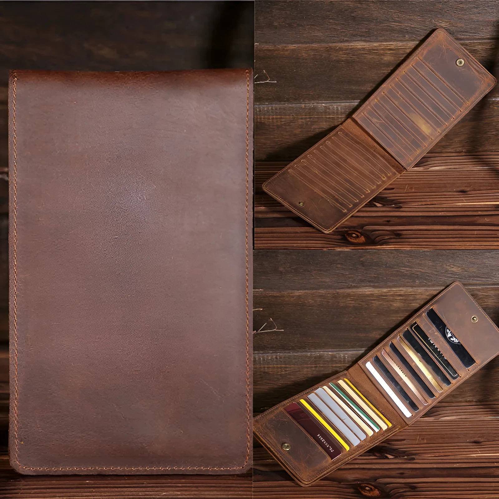 Men's long leather card wallet in crazy horse hide with 18 card slots and a phone compartment.