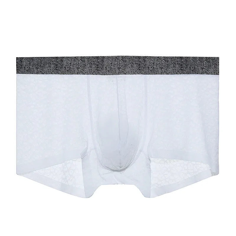 Men's seamless lace boxer briefs in jacquard fabric, shown in a choice of colours on a white background.