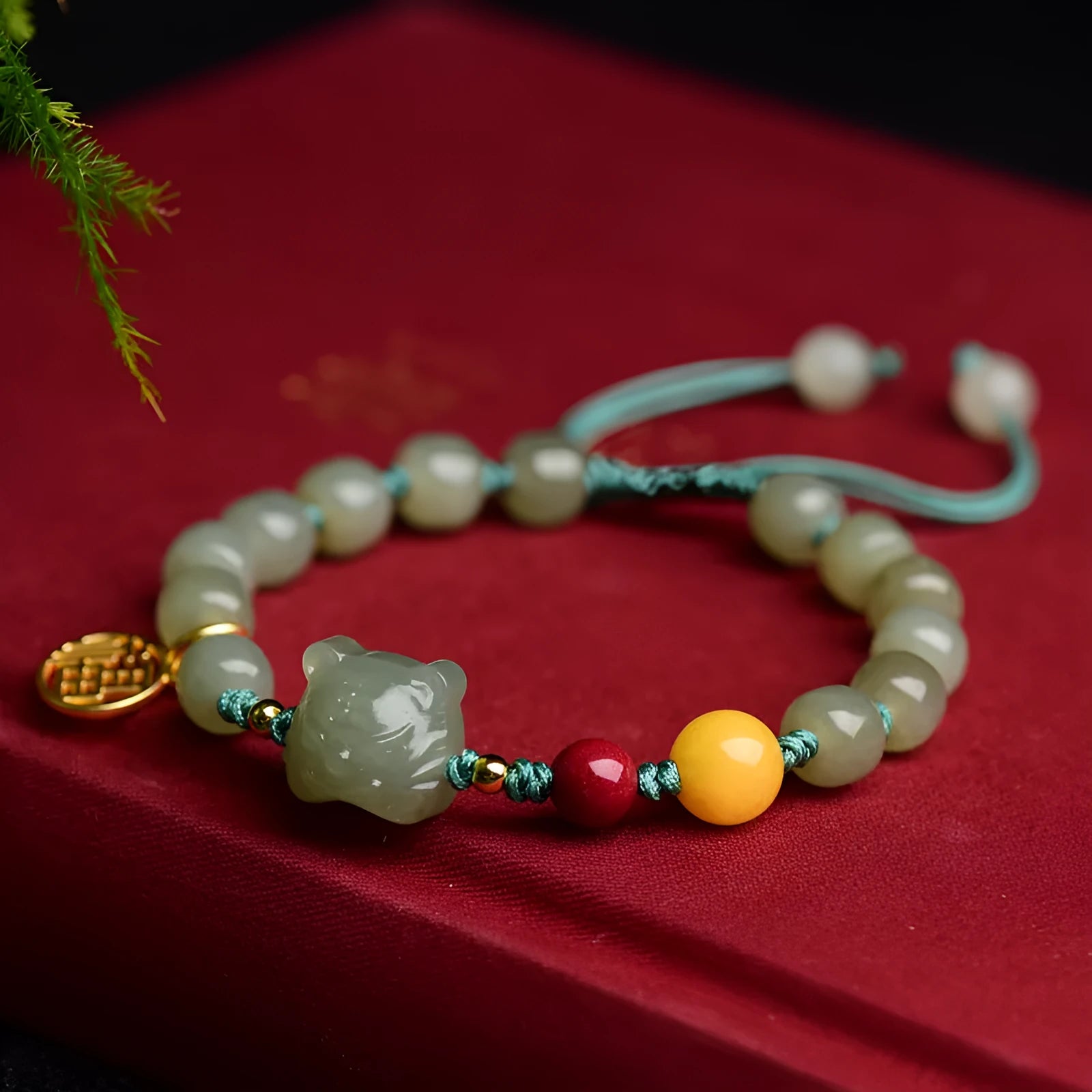 Natural Hetian Jade and cinnabar bracelet with beeswax beads and animal Zodiac charms