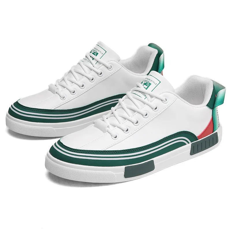 Men's beige, white and green canvas casual shoes with mesh panels and flat heel.