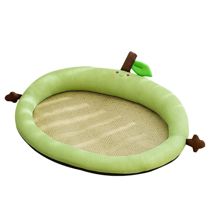 Green pet cooling mat with a raised fruit-shaped backrest, sized for a large dog.