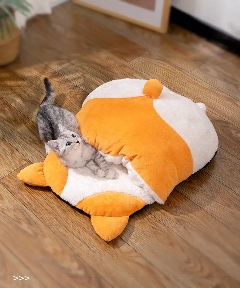 Orange semi-closed cat sleeping bag bed with warm winter design measuring 65x53x12cm