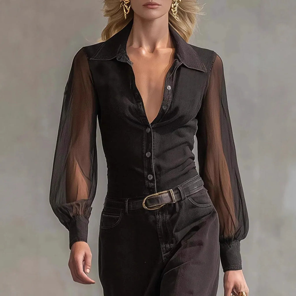 Black long sleeve see-through mesh dress with blouse collar button front high-waist asymmetric skirt street fashion