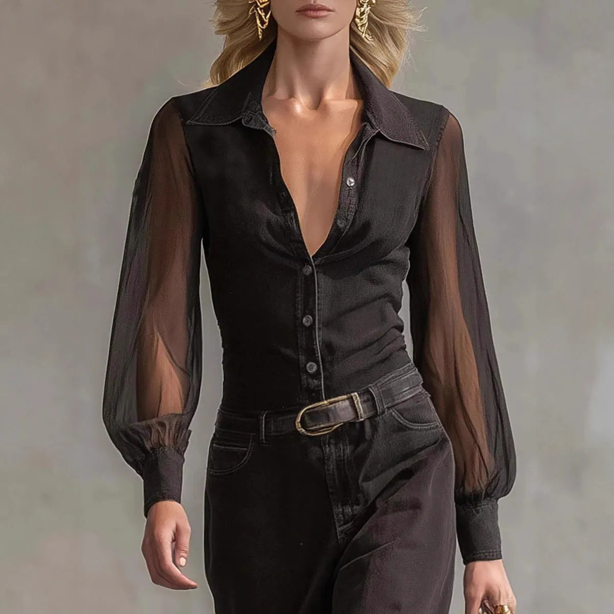 Black long sleeve see-through mesh dress with blouse collar button front high-waist asymmetric skirt street fashion