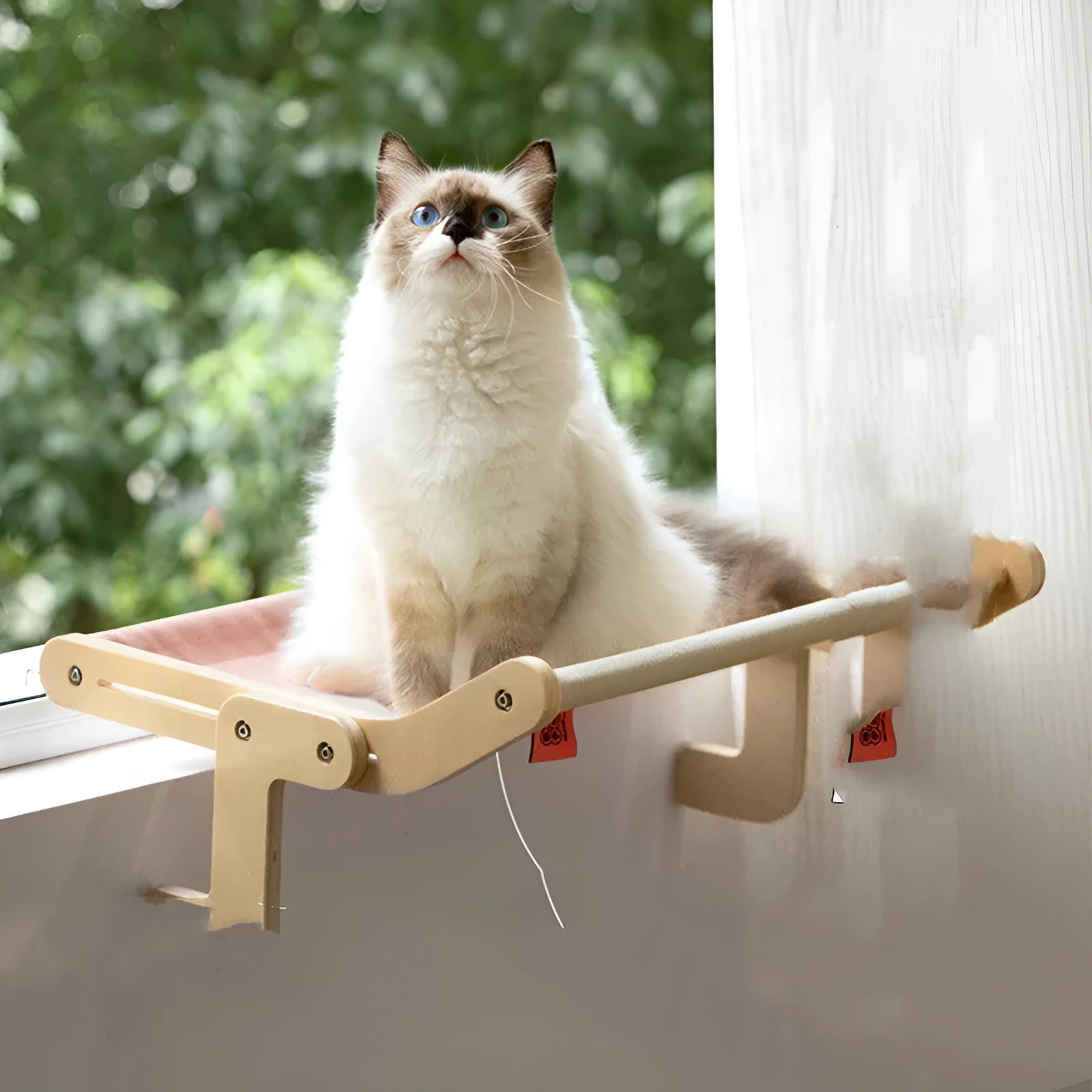 Cat hanging bed with wooden frame in grey powder colour, size 470x395x215mm